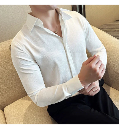 Luxury Korean Pleated Stripe Shirts For Men's High Quality Long Sleeve Slim Fit Casual Shirt Formal Social Party Tuxedo 4XL-M