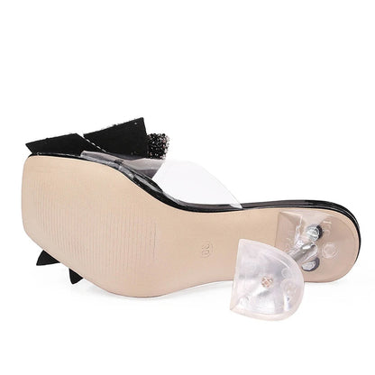 Liyke 2025 New Transparent Slippers For Women Fashion Silver Crystal Bowknot High Heels Female Mules Slides Summer Sandals Shoes