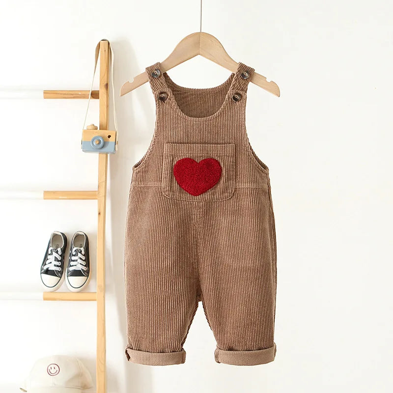 Spring 1-4Y Toddler Baby Boys Girls Solid Corduroy Suspander Overalls Heart Pattern Kids Playsuit Jumpsuit Clothes Romper