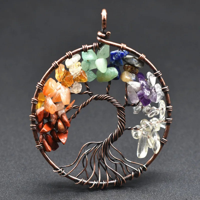 Natural Crystal Stone Tree of Life Pendant Necklace 7 Chakra Quartz Amethyst Necklace Pendant Wedding Jewelry for Women