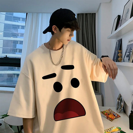 Men's Cotton Oversized T-shirts 5XL Mens T Shirt Casual Summer Wear Emote Fashion Print White Tee Shirts for Men Clothing