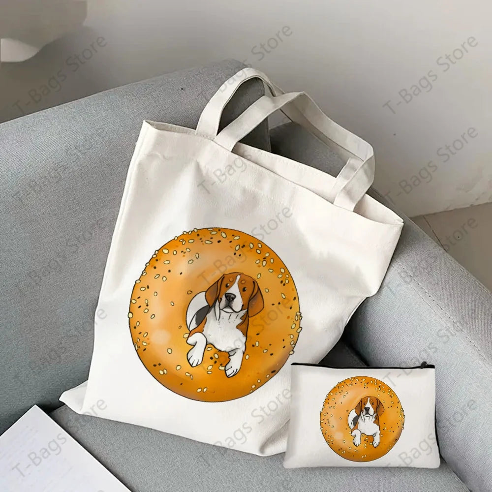 2pcs/set Beagle Bagel Dog Cute Print Tote Bag, Large Capacity Shoulder Bag, Women's Casual Handbag for Work School Shopping