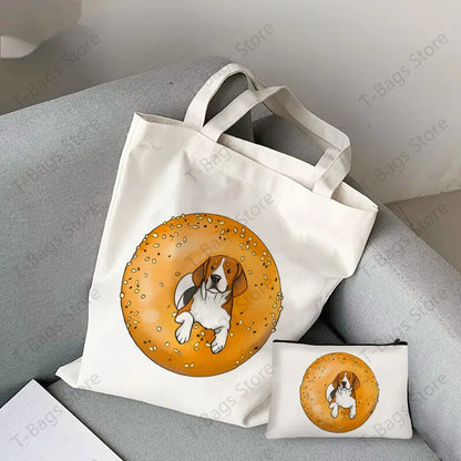 2pcs/set Beagle Bagel Dog Cute Print Tote Bag, Large Capacity Shoulder Bag, Women's Casual Handbag for Work School Shopping