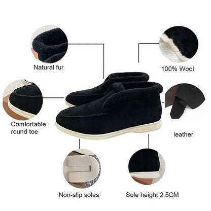 Women's Ankle Boots Black Boots Cow Suede Natural Fur Winter Boots Loafers Women's Slip-On Snow Boots