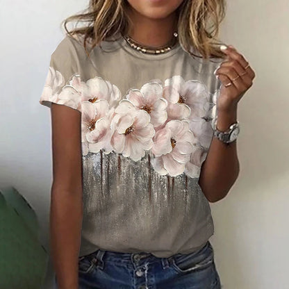 2023 Women's T-shirts Fashion Floral Theme T Shirt Floral Plants Tees Summer Clothing Basic Female Tops Print Oversized Pullover