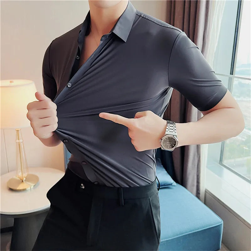 6colors High Quality New Solid High Elasticity Seamless Short Sleeve Shirts Men Slim Social Casual Business Formal Dress Shirt