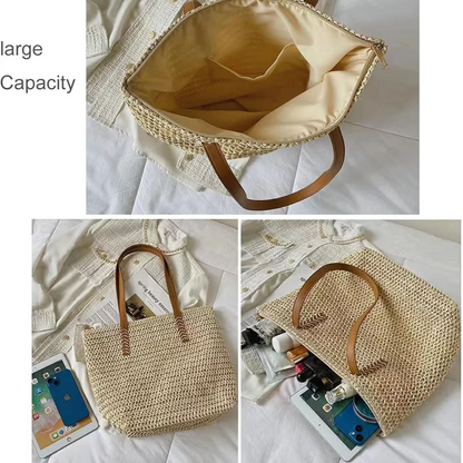 Summer Woven Shoulder Bag Women Beach Shoulder Bag Female Straw Knitted Handmade Large Capacity Handbag Purse Travel Tote Bags