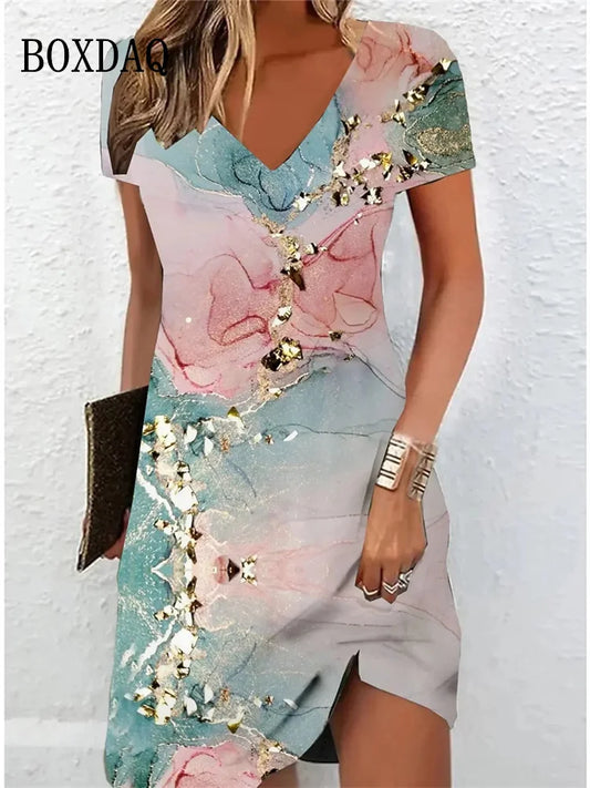 Women's Casual Dress Summer 2024 Marble Print V Neck Short Sleeve Midi Dress Tie Dye Drawing Fashion Plus Size Dress Vestidos