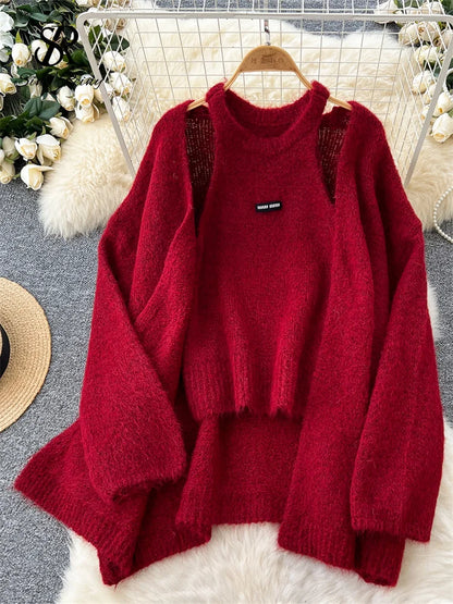 SINGREINY Fashion Solid Cashmere Sweater Long Sleeves Loose Warm Cardigan+Sleeveless Knitting Tank Top Winter Gentle Casual Tops