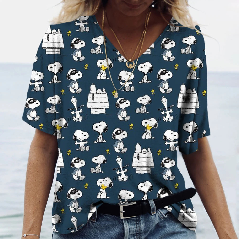 Women's T-shirts Disney Snoopy 3D print New V-neck Short Sleeve Summer Casual Women's Clothing Harajuku Y2K Hip Hop Clothe