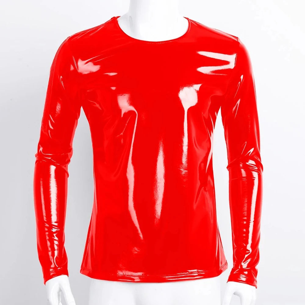 S-7XL Shiny Faux PU Leather Long Sleeve T Shirt Men Wet Look PVC Hot Shapers Tights Shapewear Tshirt Sexy Tee Shirts Tops Body