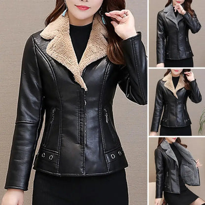 Plush Lapels Faux Faux Leather Jacket For Women Leater Jacket Spring Autumn Slim Fit Cardigan Coat Outerwear Lady Short Jacket