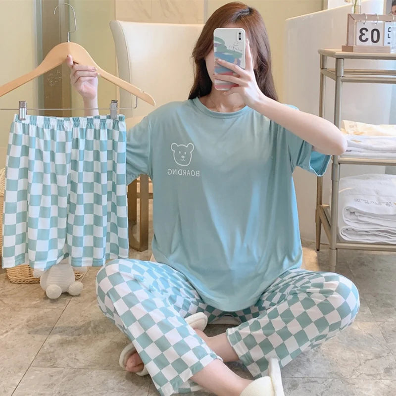 New women's summer three-piece pajamas homewear women short-sleeved trousers cartoon leisure women's homewear pajamas set