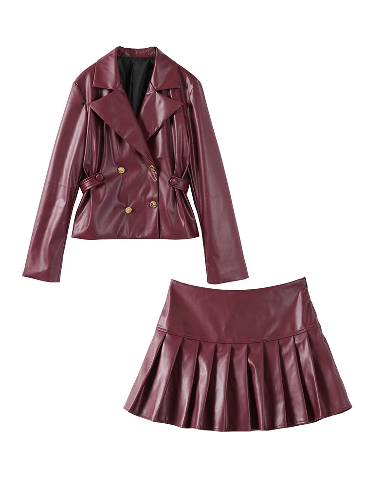 PU Leather Coat Pleated Mini Skirt Sets Women Lapel Double Breasted Long Sleeve Coats High Waist Skirts Set 2024 Lady Suits