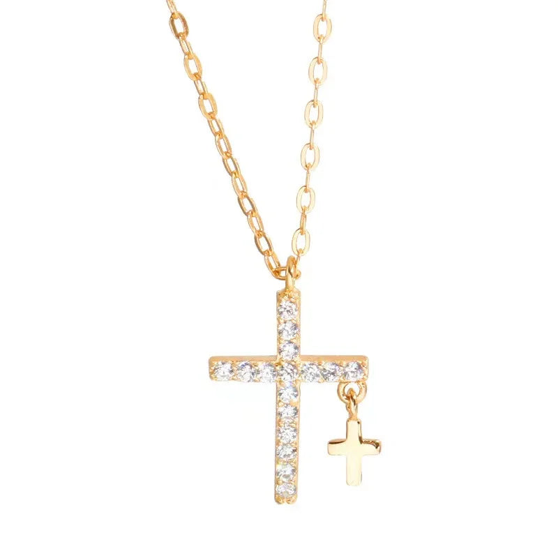 Classic 925 Sterling Silver Cross Necklace Shiny Cross Small Pendant Charm Clavicle Chain Ladies Fine Jewelry