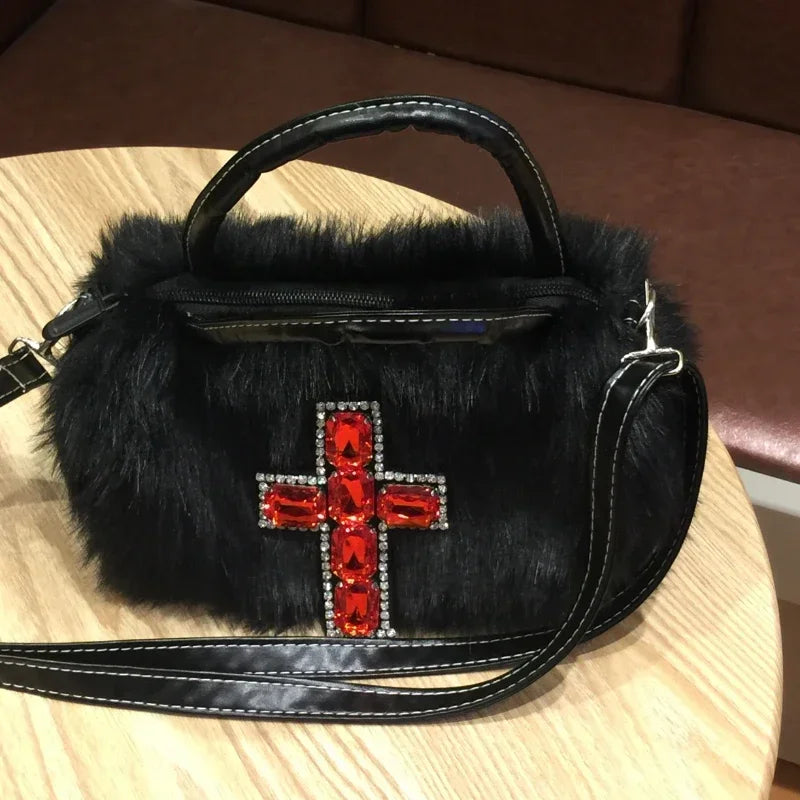 Xiuya Y2k Gothic Handbag Soft Plush Black Cross Applique Shoulder Bag Fashion Harajuku Style Punk Hip Hop Biker Crossbody Bag