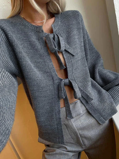 Women Y2k Tie Front Cardigan Long Sleeve Crew Neck Lightweight Coat Sweater Knitted Bow Knot Jackets Sweater Tops Autumn Winter