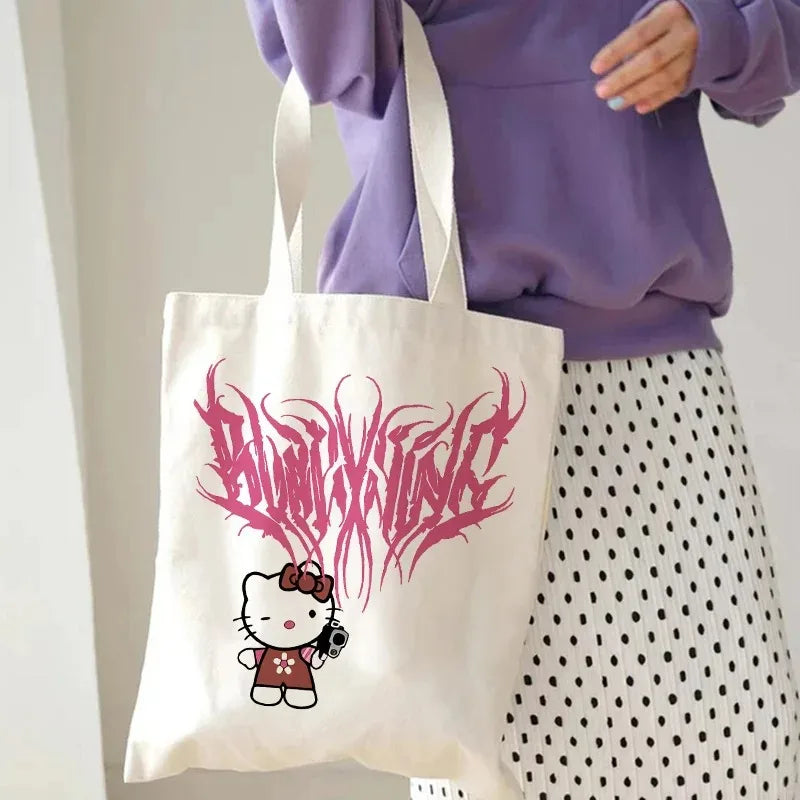 Hello Kitty Canvas Tote Bag Harajuku Y2k 90s Cartoon Girl Handbag Large Capacity Female Shoulder Bags Portable Travel Purse Gift