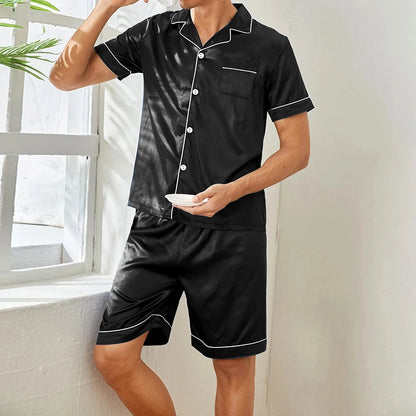 New Men's Satin Pajama Set For Summer Casual Pijama Button Down Pocket Short Sleeve Shirt With Shorts Loungewear Sleepwear Set