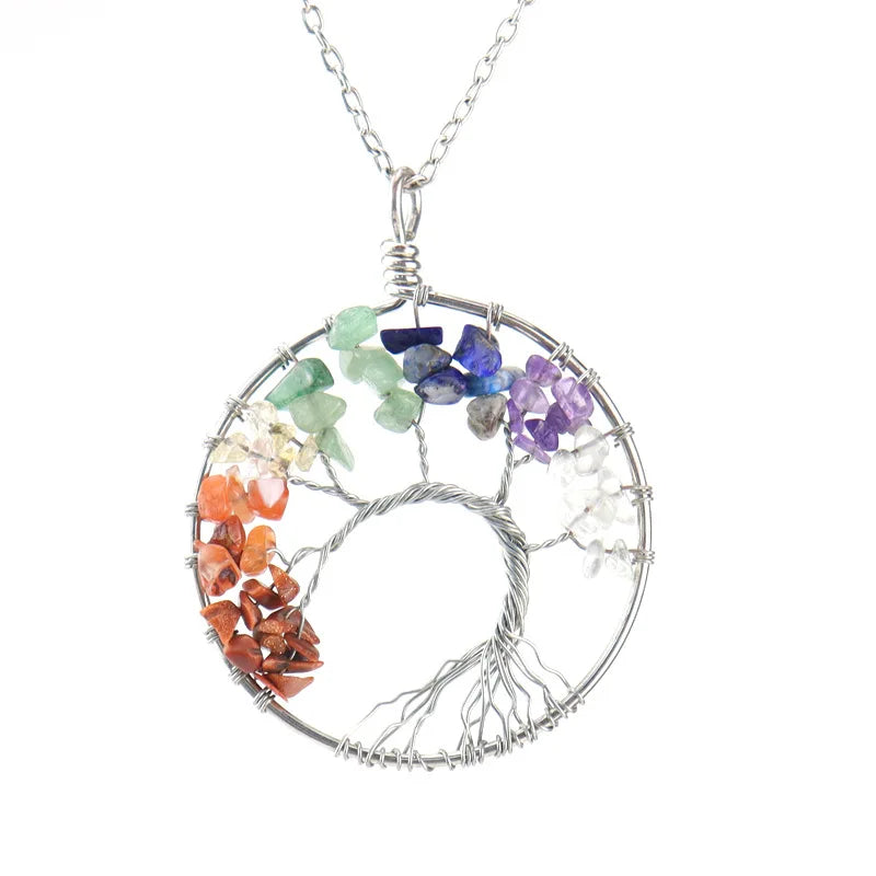 Natural Crystal Stone Tree of Life Pendant Necklace 7 Chakra Quartz Amethyst Necklace Pendant Wedding Jewelry for Women