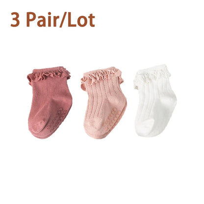 3/5Pair/Lot New Baby Children's Non-slip Autumn Winter Cotton Socks Solid Color Baby Foot Socks Girls Breathable Ruffled Socks