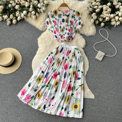 New Summer Runway Pleats Floral Print Two Piece Set Women Half High Collar Stretch Top+Elastic Waist Long Pleated Skirt Outfits