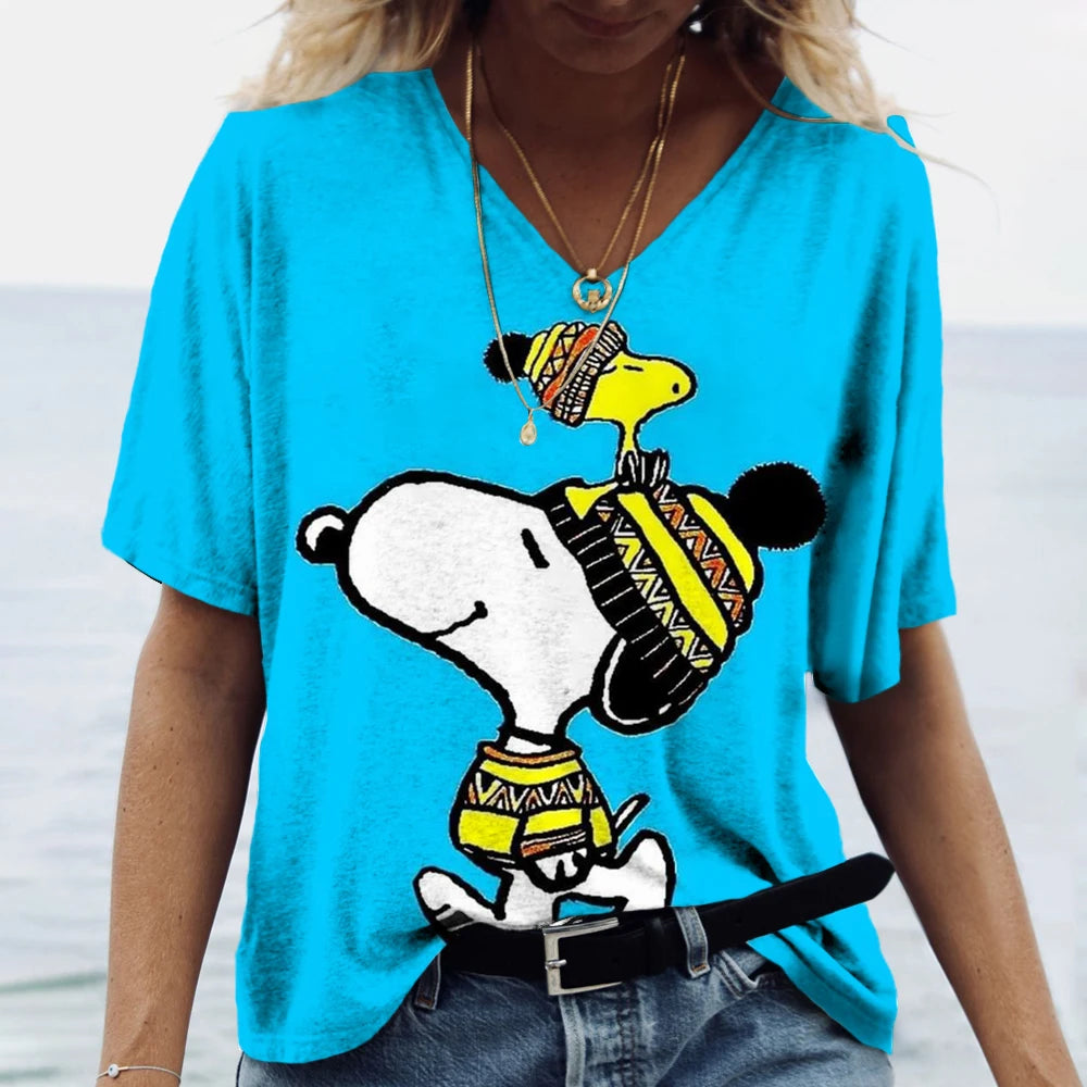 Women's T-shirts Disney Snoopy 3D print New V-neck Short Sleeve Summer Casual Women's Clothing Harajuku Y2K Hip Hop Clothe