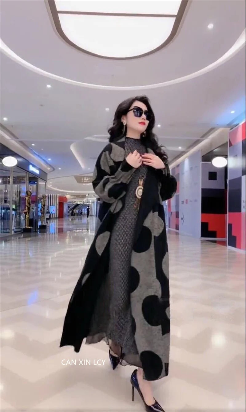 Polka Dot windbreaker For Women Long Windbreaker Loose Large Size L-5XL Overcoat Middle aged Female Wool Trench Coat Outcoat