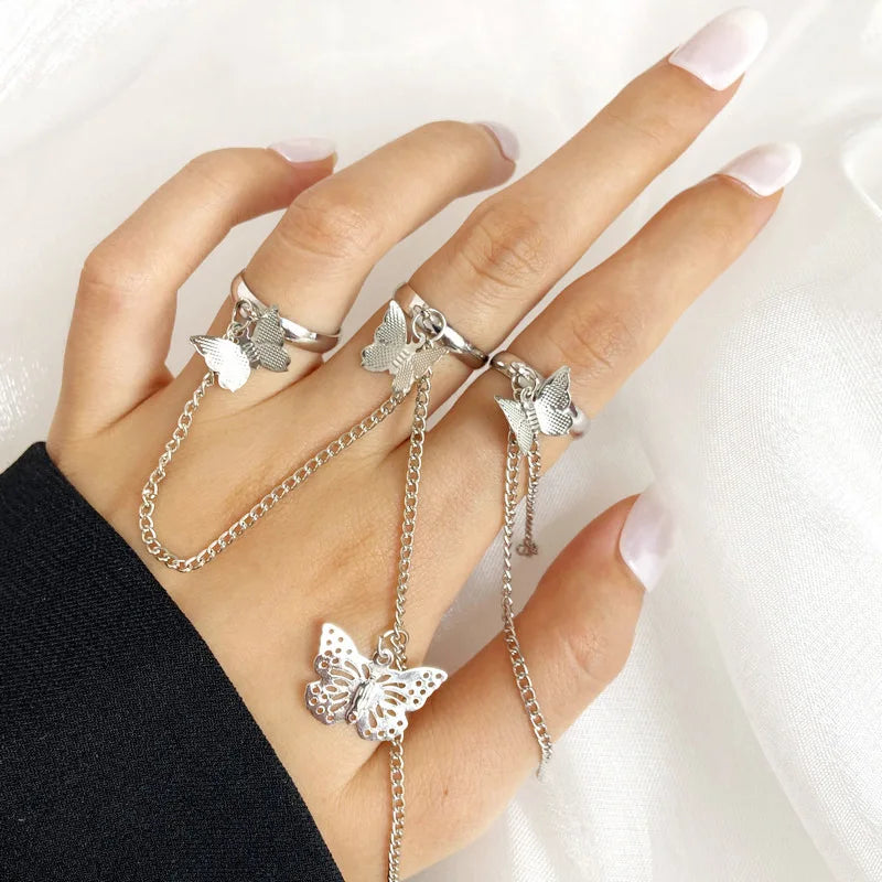 New Fashion Chain Link Ring Full Rhinestone Vintage Flower Double Finger  For Women Girl Party Jewelry Gift Accessories