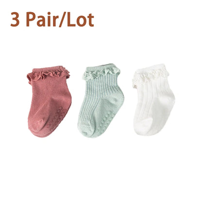 3/5Pair/Lot New Baby Children's Non-slip Autumn Winter Cotton Socks Solid Color Baby Foot Socks Girls Breathable Ruffled Socks