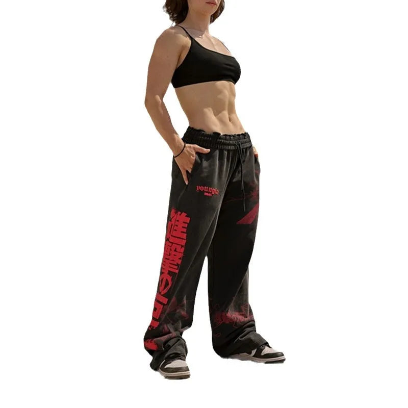 new 2024 American sports pants gym fitness running training pants cotton wool print wide leg pants