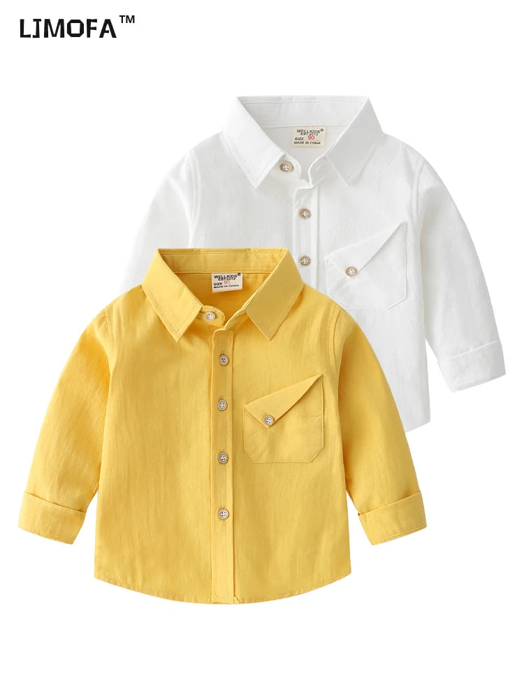 LJMOFA 2-8Y Toddler Boys Shirt Cotton Spring Autumn Fashion Candy-Colored Lapel Long Sleeve Thin Shirt For Kids Child Tops D426