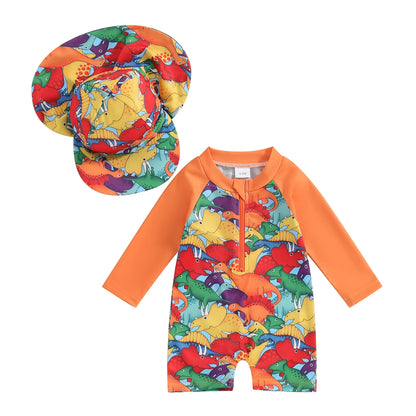 FOCUSNORM 2 Colors 0-5Y Toddler Baby Boys Swimsuit 2pcs Long Sleeve Dinosaur Print Bathing Suit Swimwear with Swim Cap