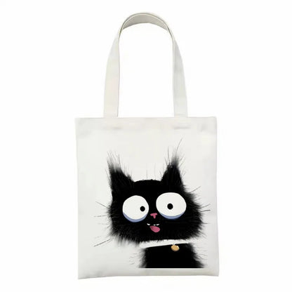 Cute Tote Bag Animals Black Cat Print Canvas Bag Eco Shopping Bag Daily Use Foldable Handbag Large Capacity Canvas Tote Women