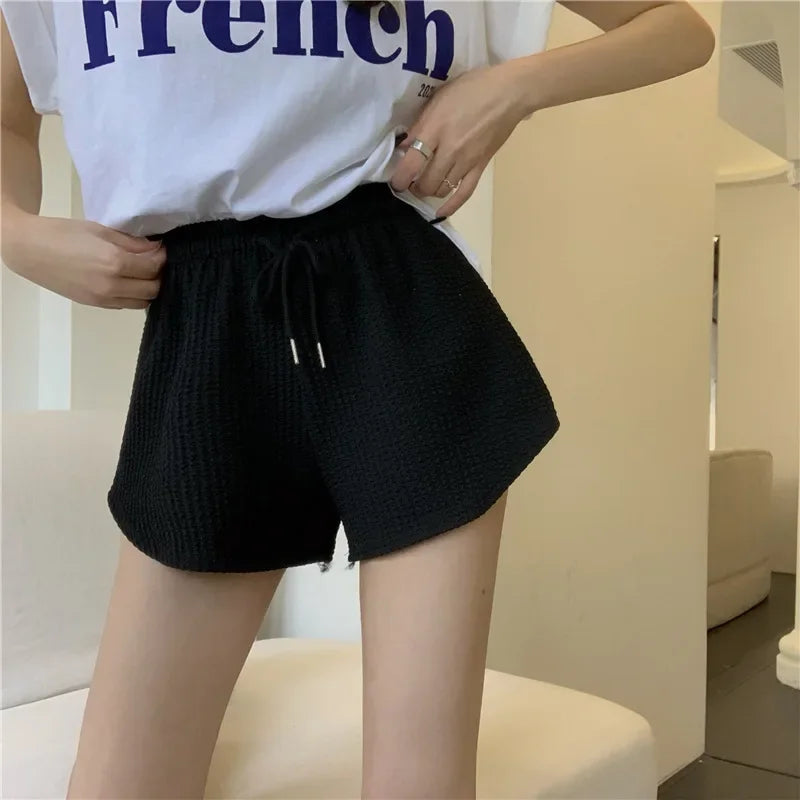 Women Shorts Summer High Elastic Lace Up Drawstring Wide Leg Sweat Short Fitness Running Shorts Loose Casual Large Sports Pants