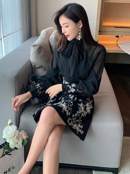 TWOTWINSTYLE Embroidery Two Piece Sets For Women Stand Collar Lantern Sleeve Shirt High Waist A Line Skirt Vintage Set Female