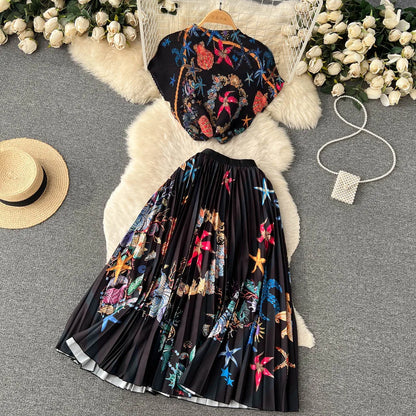 New Summer Runway Pleats Floral Print Two Piece Set Women Half High Collar Stretch Top+Elastic Waist Long Pleated Skirt Outfits