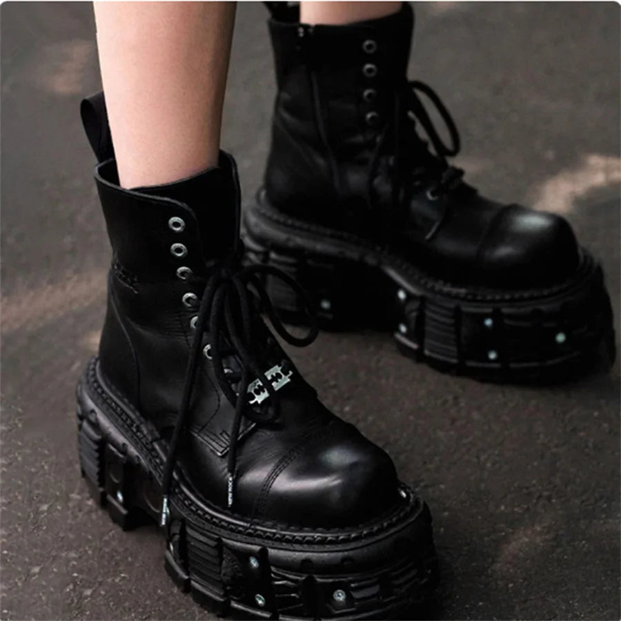 Punk Style Women Boots Lace-up Heel Height Platform Shoes Woman Gothic Ankle Rock Boots Metal Decor Man And Woman Sneakers 2025