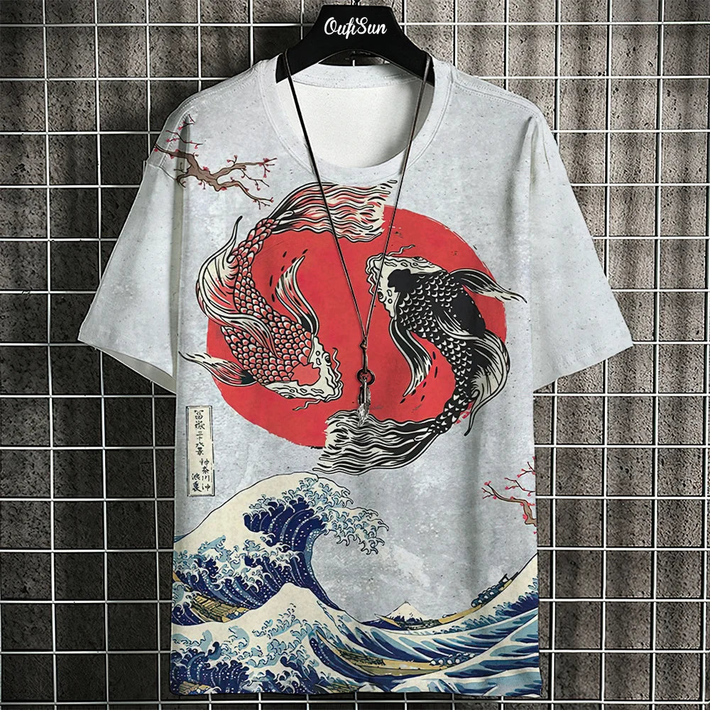 Ukiyo-E T-Shirt For Men Japanese Tshirts 3d Animal Fish Print Short Sleeve Tees Tops Casual Sweatshirt Men's Clothing S-4XL