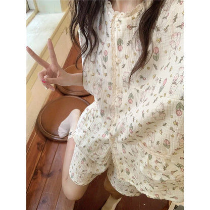 Women's Pajamas New Summer Short Sleeve Soft Sleepwear Set Grid Cartoon Printed Pyjama Woman Home Nightwear Set Cardigan