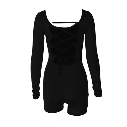 2024 new autum sexy long-sleeved U-neck lace-up backless hip-lifting yoga sports slim jumpsuit for women