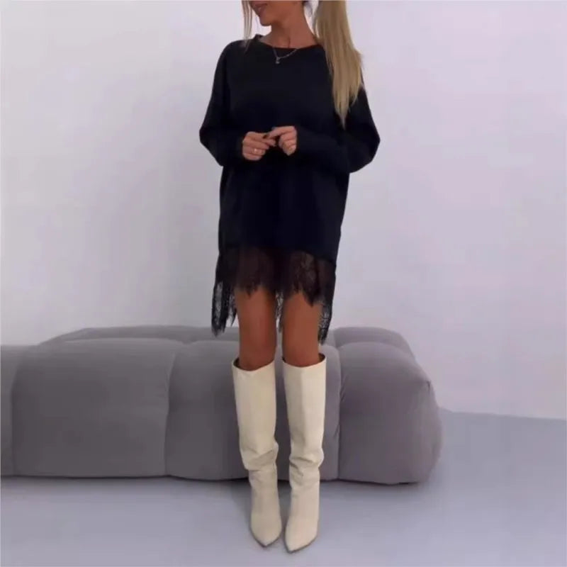 Autumn Trendy Lace Patchwork Sweatshirt Dress Sexy Shoulder O-neck Long Sleeve Solid Party Dress Casual Pullover Dresses Vestido