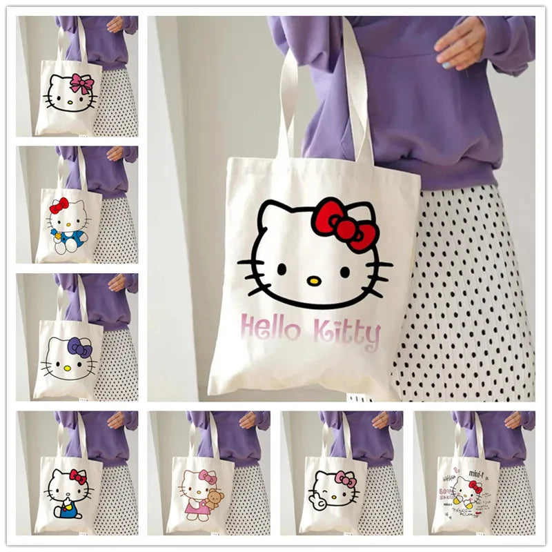 Hello Kitty Canvas Tote Bag Harajuku Y2k 90s Cartoon Girl Handbag Large Capacity Female Shoulder Bags Portable Travel Purse Gift