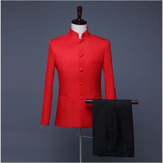 New Men Pure Colour Business Formal Wedding Banquet Suit 2 Piece Red / White Male Chinese Style Standing Collar Blazer Trousers