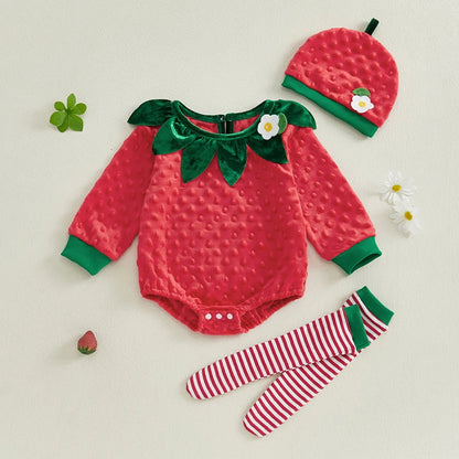 MISOWMNJOY Cute Baby Girls Romper Clothes Set Spring Autumn Strawberry Long Sleeve Bodysuit Hat Striped Socks Newborn Outfits