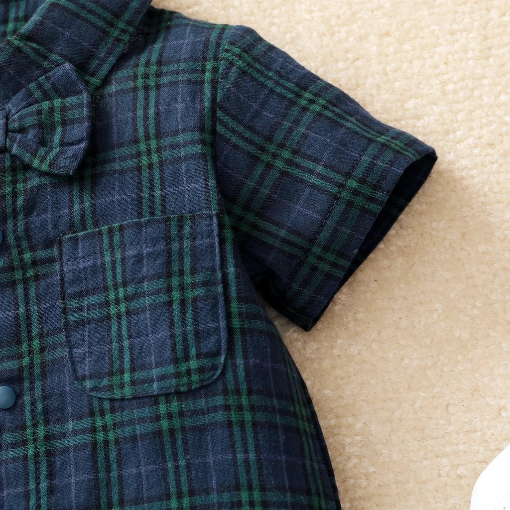 Newborn Baby Boy Jumpsuit Short Sleeves Plaid Gentleman Romper with Bow Tie Summer Fashion One Piece for Toddler 0-18Months