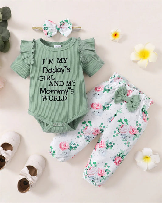 Newborn Baby Girl 3PCS Clothes Set Letters Short Sleeve Romper+Flowers Pant+Bowknot Headband Summer Lovely Outfit