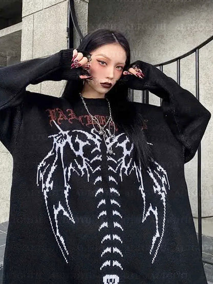 AltGoth Harajuku Cyber Y2k Gothic Sweater Women Streetwear Grunge Emo Alt Skeleton Long Sleeve Loose Casual Knitted Pullovers