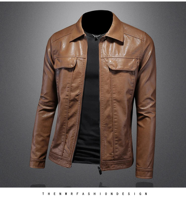 Men's Jacket Spring and Autumn Handsome Solid Color Collar Motorcycle Leather Coat Slim Fashion Leather Jacket M-5XL