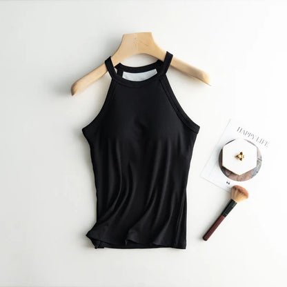 Ribbed Women's Camisole with Padded Bust Wireless Tank Tops Halter Neck Sleeveless Casual Slim Undershirts Female Outwear C5833